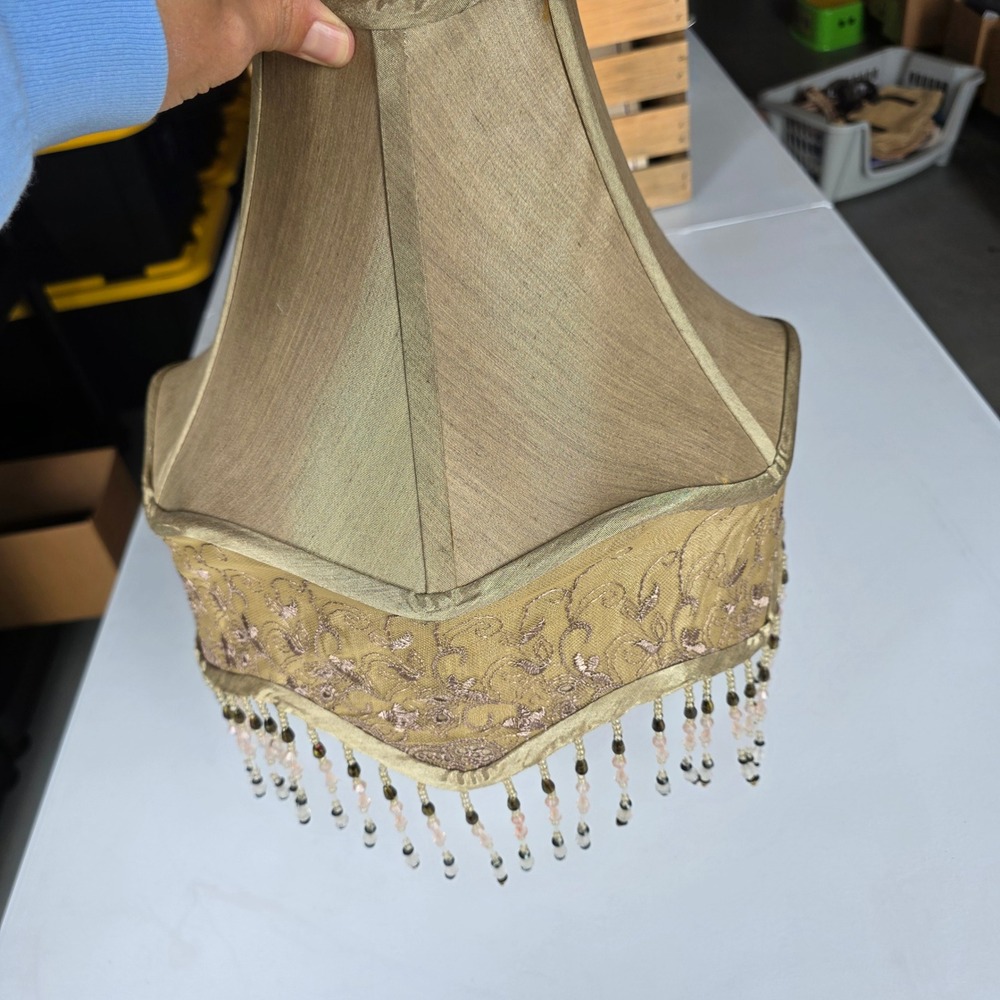 Vintage Gold Sateen Beaded Fringe Bell Lamp Shade Embroidered Lace